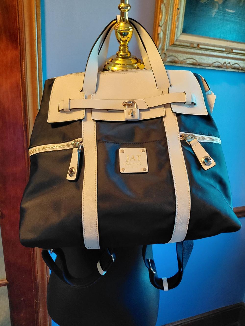henri bendel Black and Cream Convertible Backpack Tote Bag
